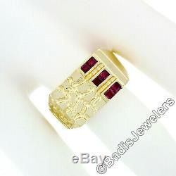 Men's 14k Yellow Gold 0.30ctw Channel Square Cut Ruby & Nugget Texture Band Ring