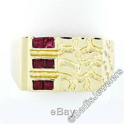 Men's 14k Yellow Gold 0.30ctw Channel Square Cut Ruby & Nugget Texture Band Ring
