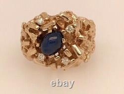 Men's 14k Yellow Gold Star Sapphire & Diamond Nugget Ring VERY FINE RING