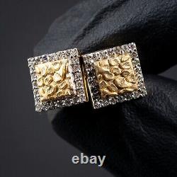 Men's Authentic 14K Yellow Gold Square Nugget Iced Natural Diamond Stud Earrings