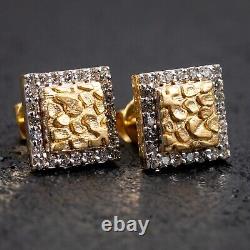 Men's Authentic 14K Yellow Gold Square Nugget Iced Natural Diamond Stud Earrings