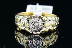 Mens 10K Yellow Gold Nugget Style Round Cut Diamond Engagement Ring Wedding Band