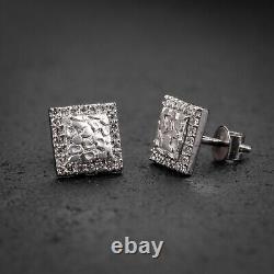 Mens Real 14K White Gold Square Nugget 0.28Ct Iced Natural Diamond Stud Earrings