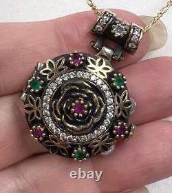 NATURAL Diamond RUBY Emerald ROSE Picture locket 14K Gold on Solid 925 Pendant