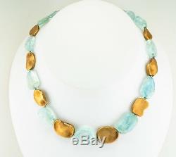 Natural Aquamarine 18K Yellow Gold Nuggets Necklace Chunky 16 Long