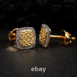 Natural Diamond 0.19 Ct Iced Nugget Real 10K Yellow Gold Square Stud Earrings