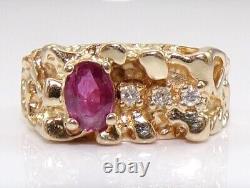 Natural Red Ruby & Diamond 10K Yellow Gold Nugget Band Ring Size 7.5 LNC2