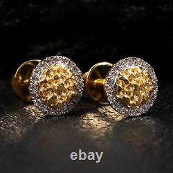 Real 10K Yellow Gold Iced 0.16 Ct Natural Diamond Round Nugget Stud Earrings