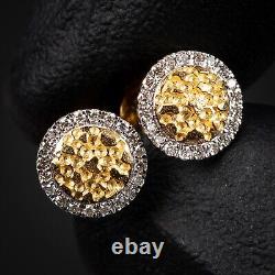 Real 10K Yellow Gold Natural Diamond 0.16 Ct Iced Round Nugget Stud Earrings