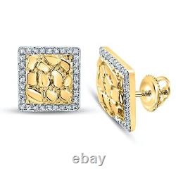Real 10K Yellow Gold Natural Diamond Iced 0.20 Ct Square Nugget Stud Earrings