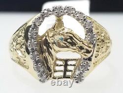 Real 10k Yellow Gold Geniune Diamond Horse Shoe Head Lucky Nugget Ring Band