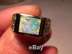 Red Multi Color Natural Opal Mens Nugget Ring 14 K yellow Gold Size 9 3/4