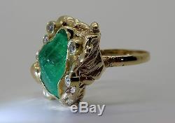 Rough Emerald & Cut Diamond Solid 14k Gold Nugget Style Ring sz 9.5 & 26 Grams