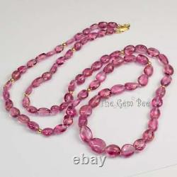 Rubellite Pink Tourmaline Smooth Oval Nugget Bead Necklace 18K Solid Gold 28.5