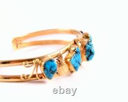 SIGNED JL 14K Yellow Gold Blue Turquoise Nugget Flower Cuff Bracelet 21 GRAMS