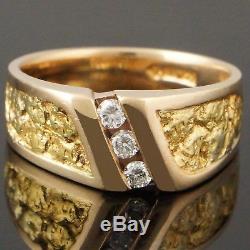 Solid 14K Yellow Gold & Channel Set Diamond, Natural Gold Nugget Estate Ring