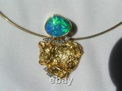 Solid Genuine Australian Opal, Diamond and Nugget 18ct Gold Pendant