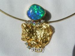 Solid Genuine Australian Opal, Diamond and Nugget 18ct Gold Pendant