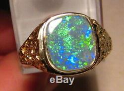 Sparkly Natural Opal Mens Nugget Ring 14 K yellow Gold