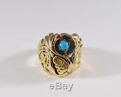 Turquoise and Natural Nugget 14K Gold Ring Size 10