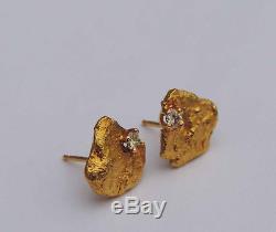 Unisex Natural Yellow Gold Nugget Slide Post Earrings with Genuine White Diamonds