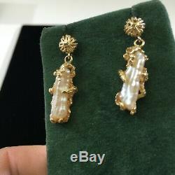 VTG 14K Nugget Gold Natural Pearl Stud Dangle Chunky Earrings DS17