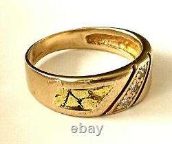 Vintage 14K Yellow Gold Men's Ring Wedding Band 3 Natural Diamond Nugget Size 9