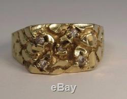 Vintage 14K Yellow Gold Nugget. 15ctw Natural Diamond Gents Ring Size 12.5
