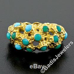 Vintage 18K Yellow Gold Natural Bezel Turquoise Pierced Domed Nugget Band Ring