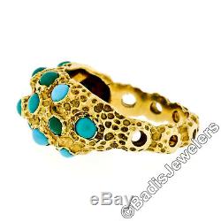 Vintage 18K Yellow Gold Natural Bezel Turquoise Pierced Domed Nugget Band Ring