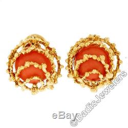Vintage 18k Yellow Gold Cabochon Round Coral Open Nugget Button Clip On Earrings