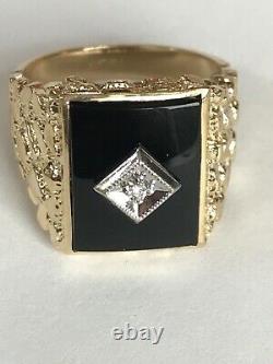 Vintage Style 14k Yellow Gold, Diamond & Onyx Nugget Ring Mens Fine Jewelry