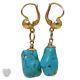 Vintage Solid 18k Gold Natural Turquoise Nugget Pair Of Drop Earrings 1970's