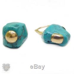 Vintage solid 18k gold natural turquoise nugget pair of drop earrings 1970's