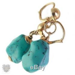 Vintage solid 18k gold natural turquoise nugget pair of drop earrings 1970's